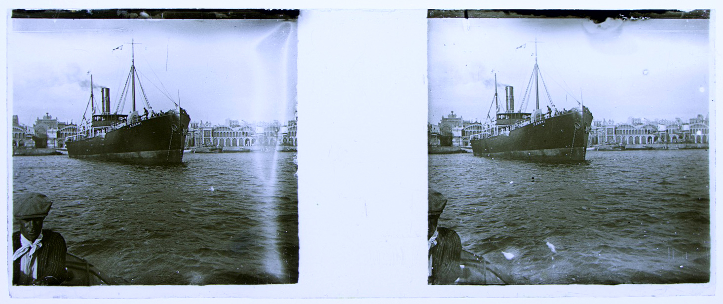 Steamship C. Sorni of the Compañía Trasmediterránea S. A., manoeuvring the port of Barcelona