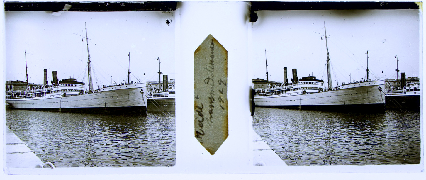 Steamship Teide of the Compañía Trasmediterránea S. A., moored at the commercial dock in the port of Barcelona