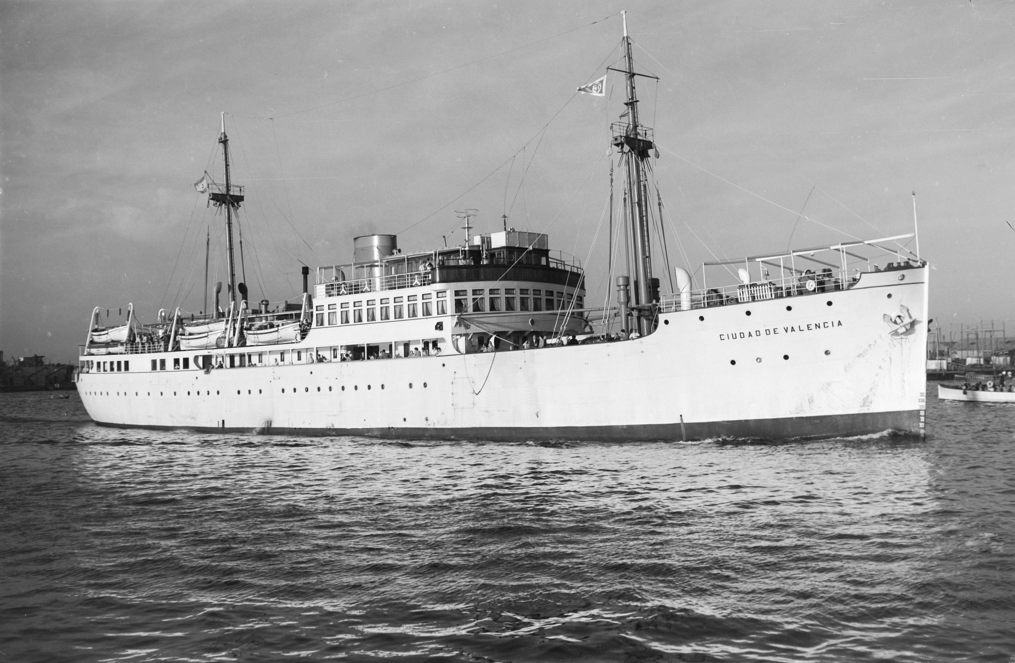 Motorship Ciudad de Valencia of the Compañía Trasmediterránea S. A. sailing in the waters of Barcelona