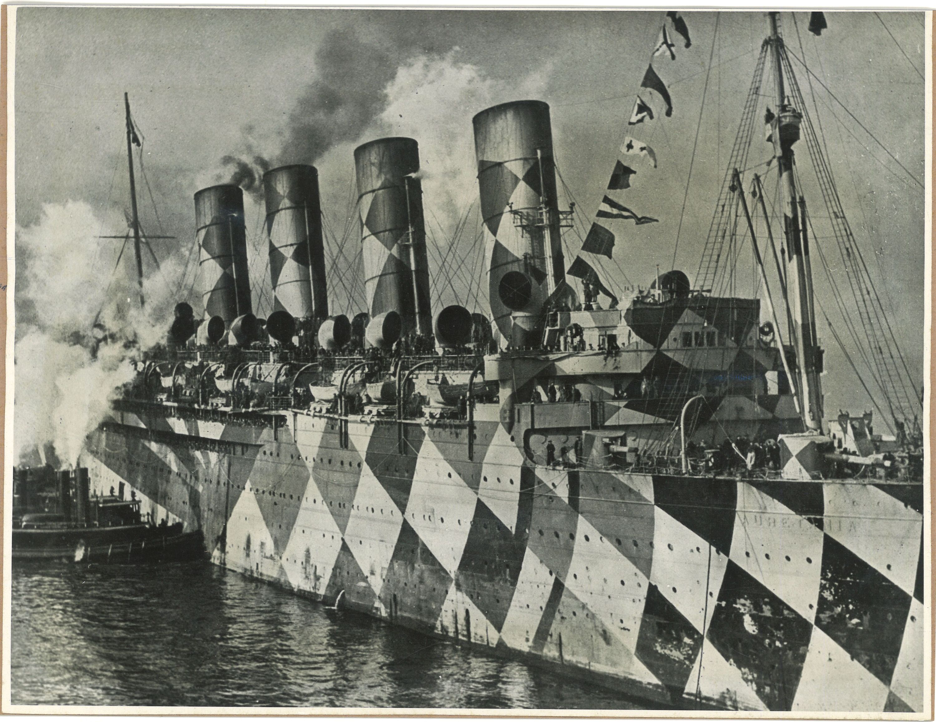 Ocean liner Mauretania, with dazzle camouflage, transporting troops from the United States to Europe