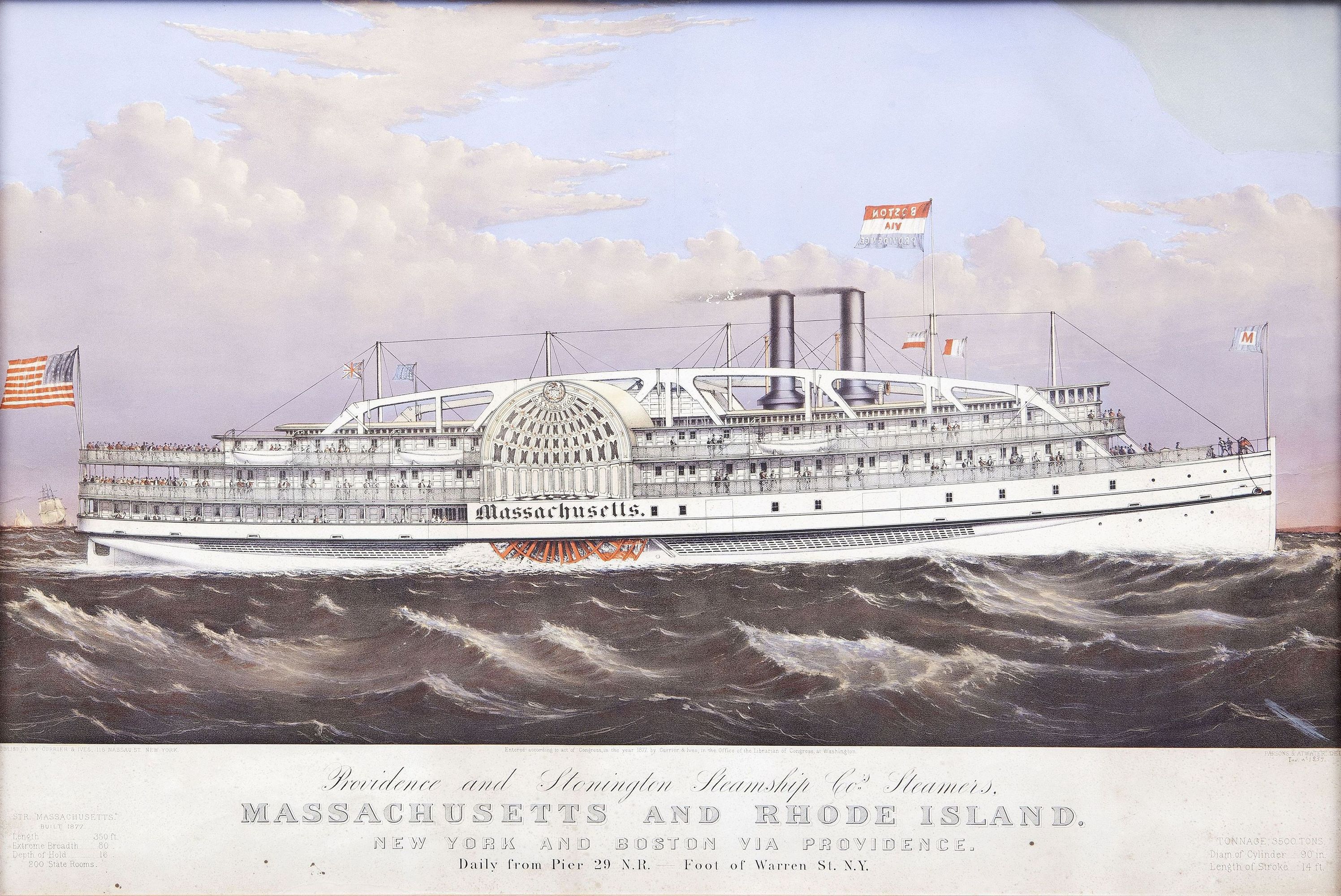 Paddle steamer Massachusetts. Poster of Providence and Stonington Steamship Company