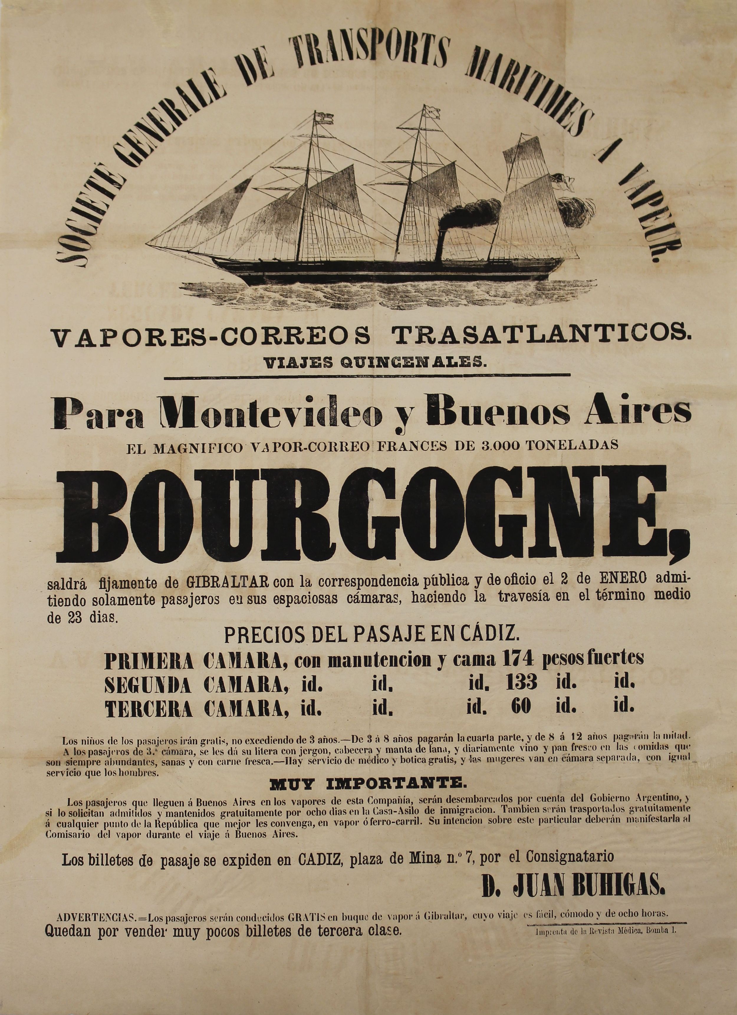 Vapor correu Bourgogne. Cartell de la Société Générale de Transports Maritimes à Vapeur  