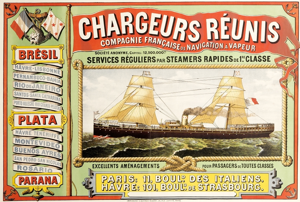 Mixed propulsion steamer Parana paired with a brigantine Advertising poster of Chargeurs Réunis, Compagnie Française de Navigation à Vapeur 