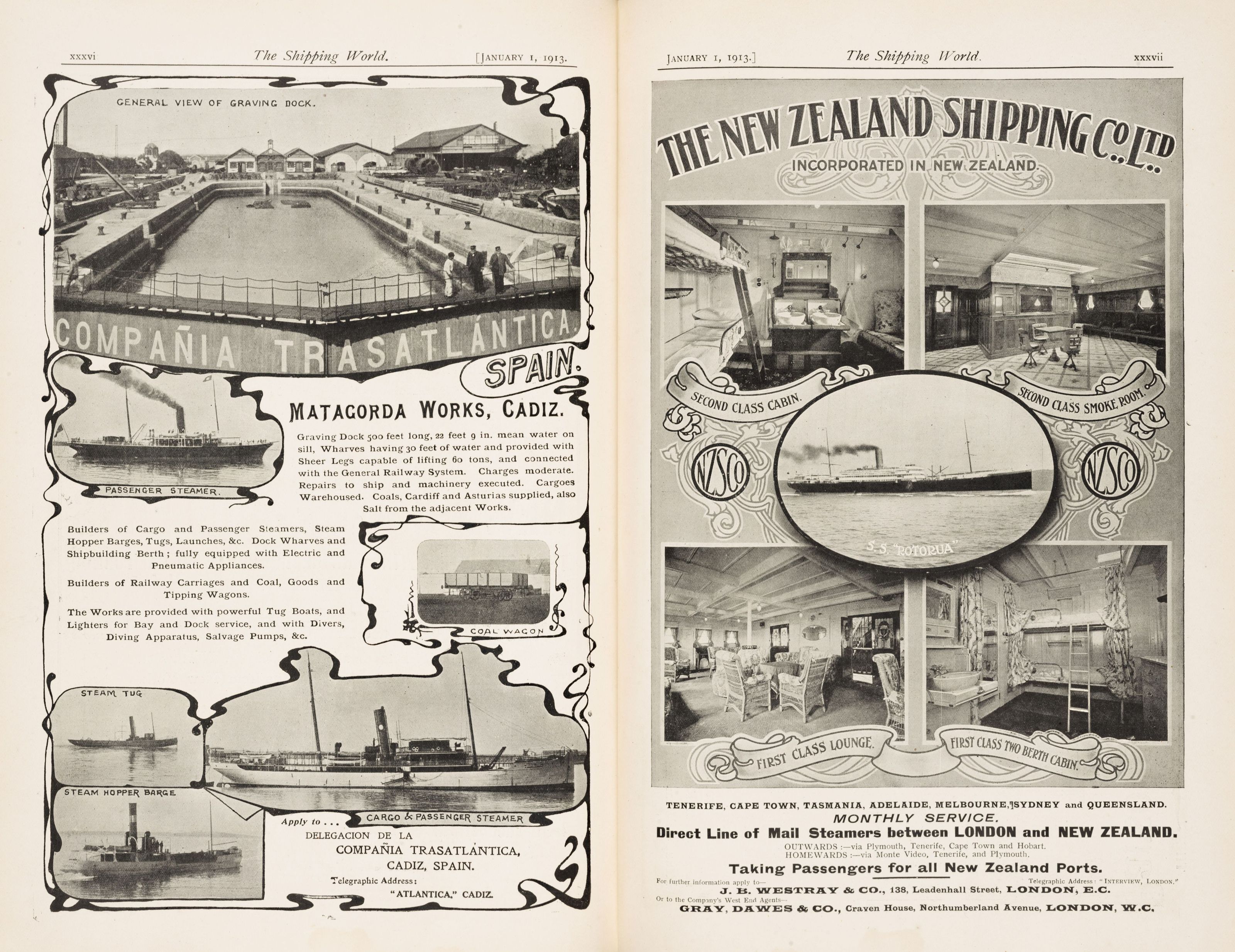 Adverts from the Compañía Trasatlántica Española and the New Zealand Shipping Co. Ltd.