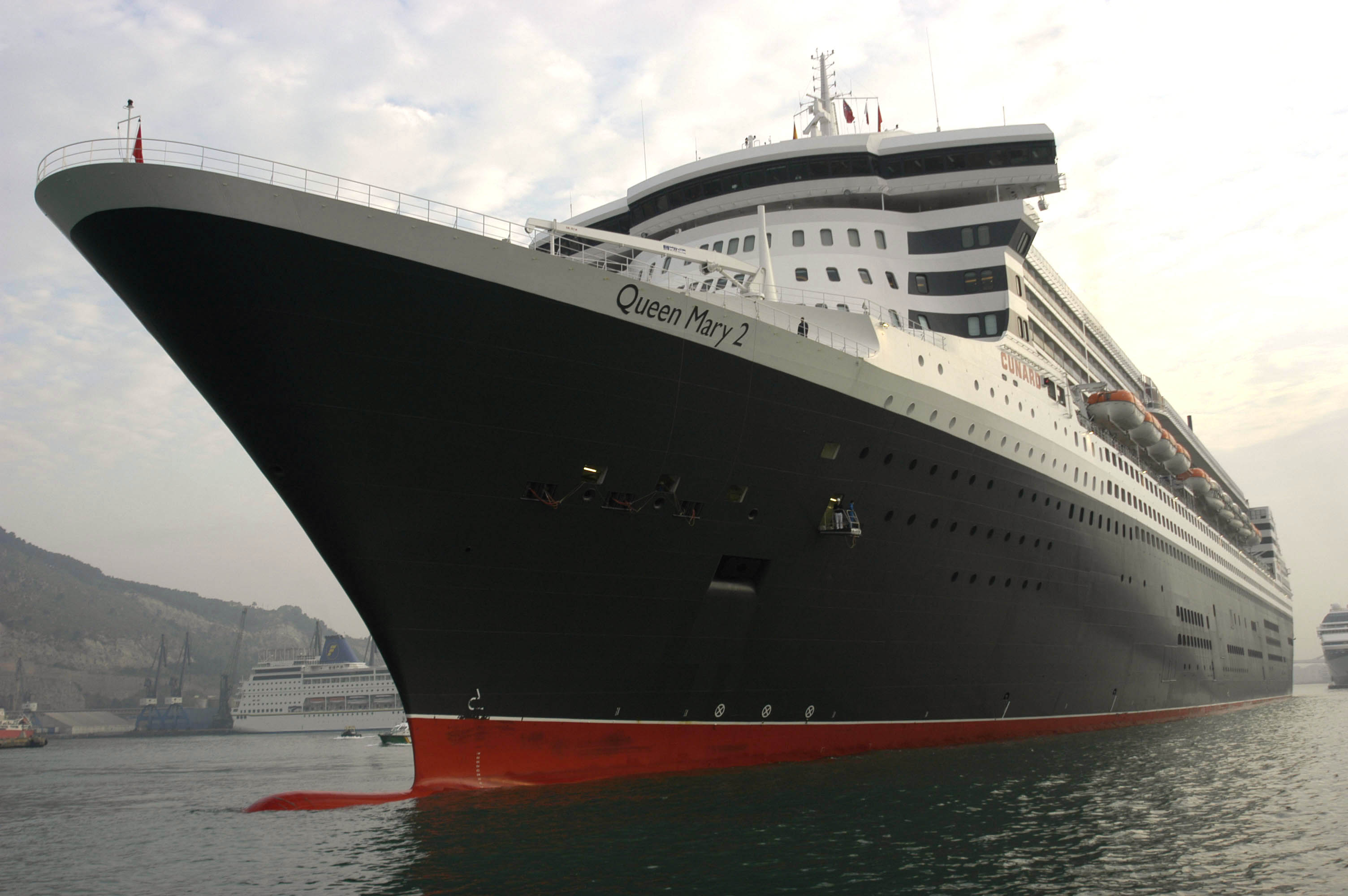 Ocean liner Queen Mary 2 docked in the Port of Barcelonaa